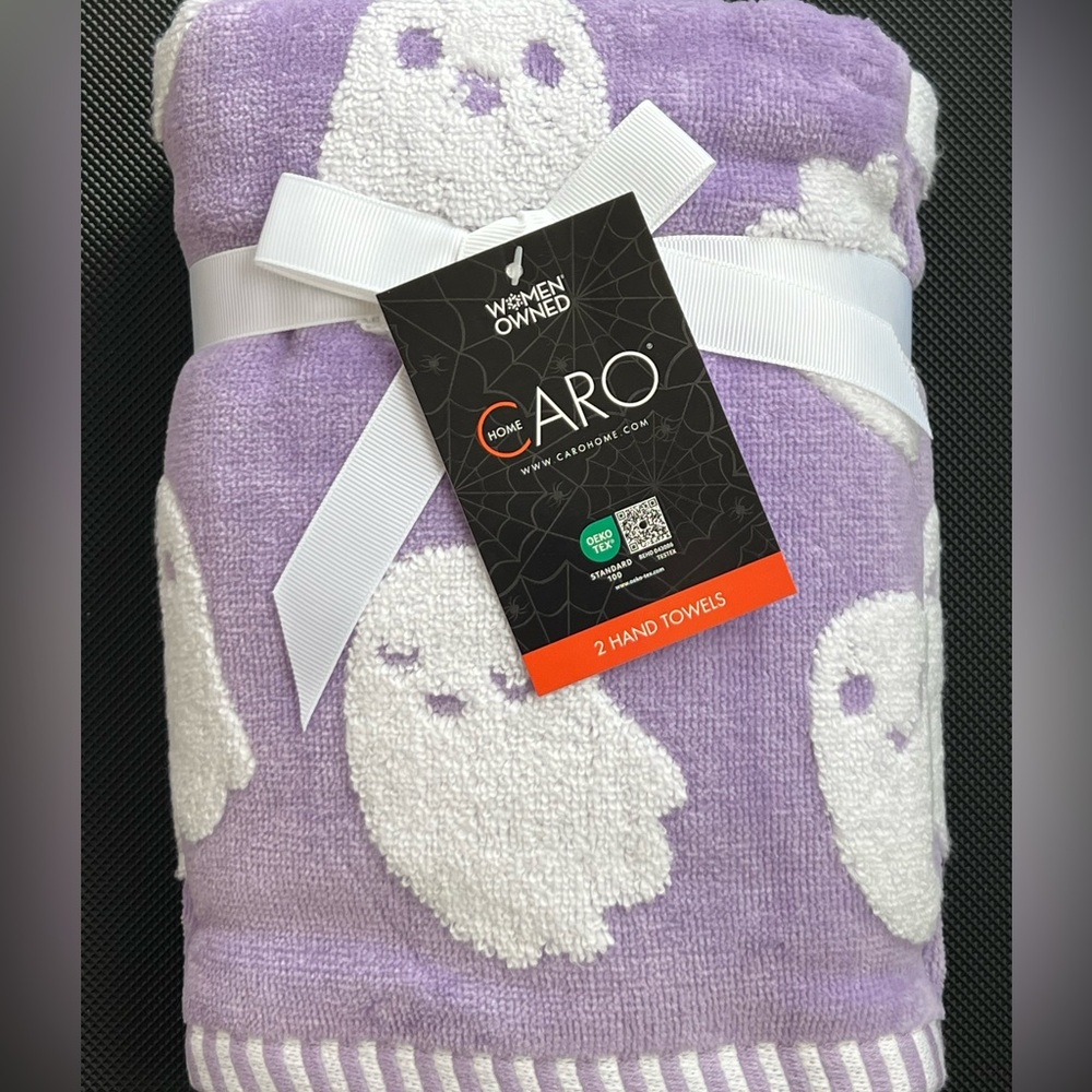 Halloween 👻 GHOST 2-pack Hand Towels Kitchen Bathroom Purple & White NWT Cotton